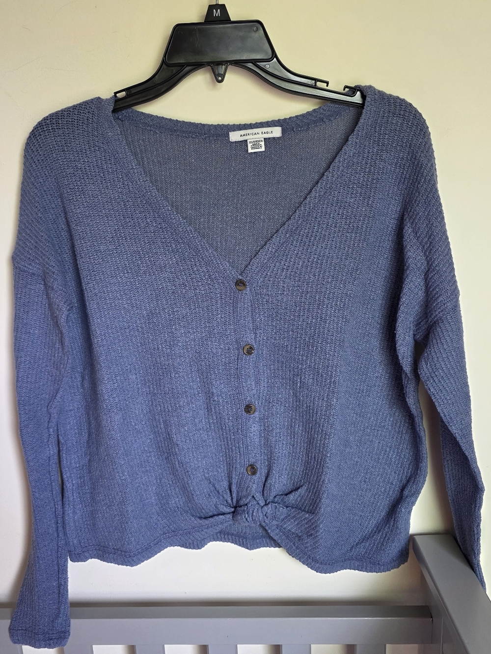 American Eagle Outfitters Slate Blue V-Neck Button Front Tie Up Sweater Size XS